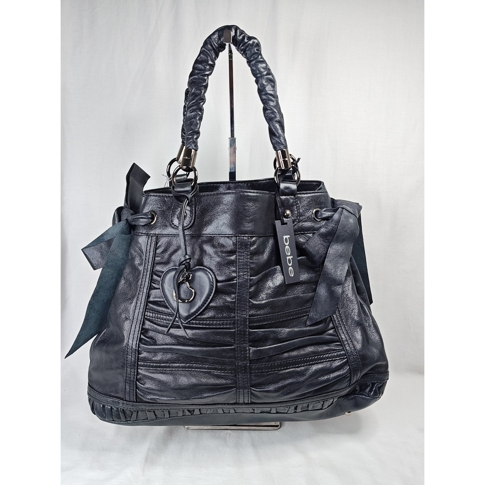 bebe Jagger Tote Bag NWT Black Genuine Cowhide Leather Ruched Pleated Bow Purse